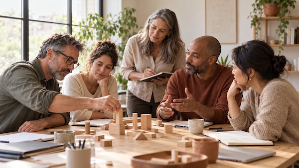 Une équipe s’entraîne à coopérer autour d’un exercice de construction en bois.